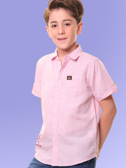 Boys Half Sleeves Linen Cotton Light Pink Shirt with Embroidery – Perfect for Summer Adventures