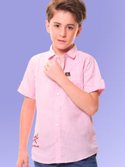 Boys Half Sleeves Linen Cotton Light Pink Shirt with Embroidery – Perfect for Summer Adventures