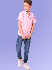 Boys Half Sleeves Linen Cotton Light Pink Shirt with Embroidery – Perfect for Summer Adventures