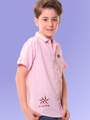 Boys Half Sleeves Linen Cotton Light Pink Shirt with Embroidery – Perfect for Summer Adventures