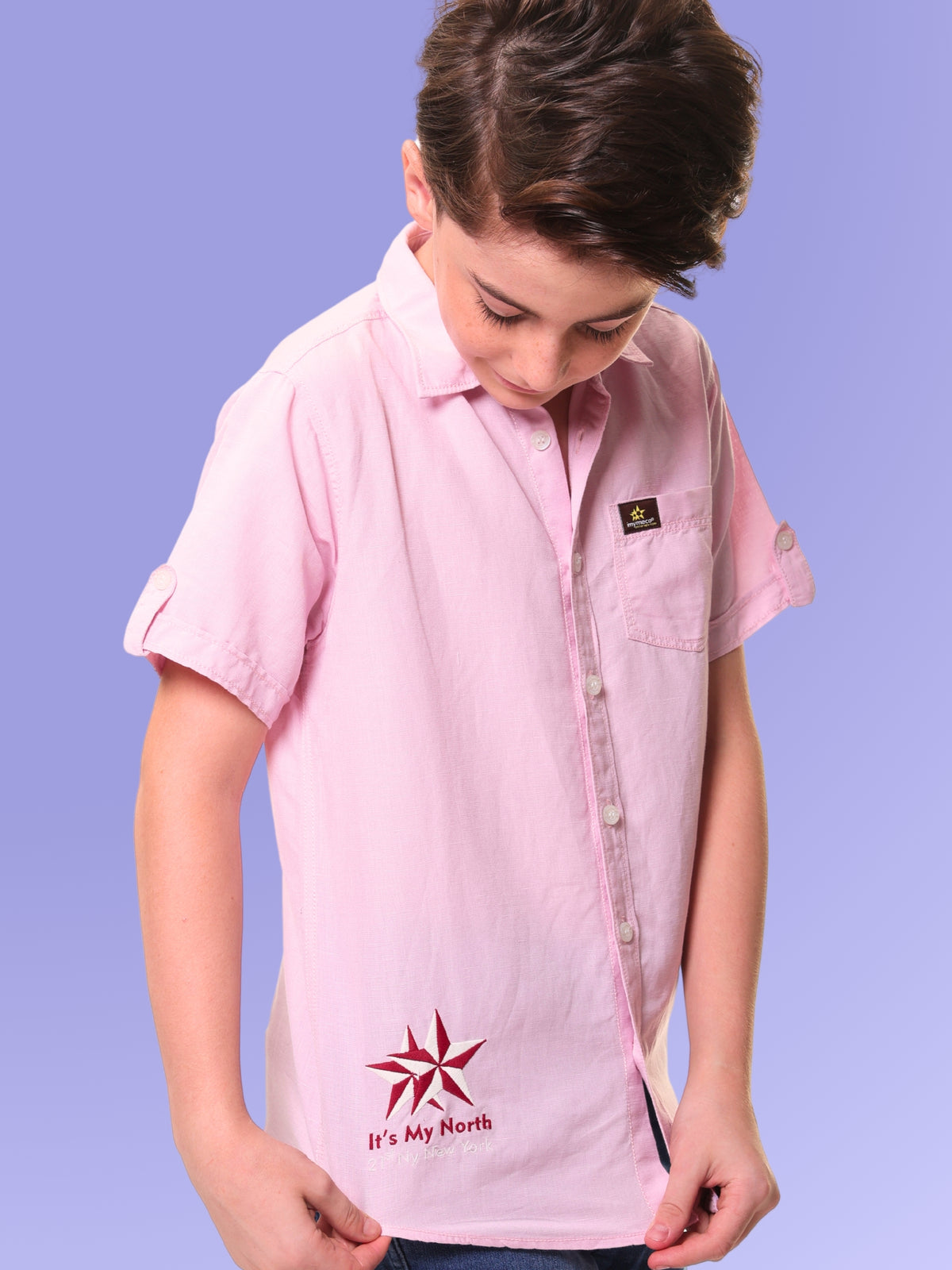 Boys Half Sleeves Linen Cotton Light Pink Shirt with Embroidery – Perfect for Summer Adventures