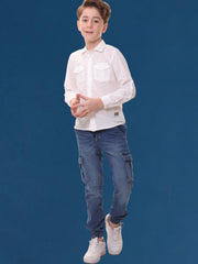 Boys Full Sleeves Linen Cotton White Shirt with Double Pocket Flap – Perfect for Any Occasion