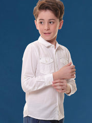 Boys Full Sleeves Linen Cotton White Shirt with Double Pocket Flap – Perfect for Any Occasion