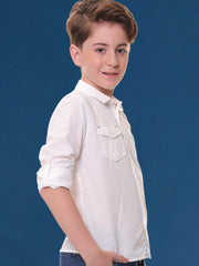 Boys Full Sleeves Linen Cotton White Shirt with Double Pocket Flap – Perfect for Any Occasion