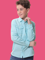 Boys Full Sleeves Linen Cotton Turquoise Shirt with Double Pocket Flaps – Perfect for All Summer Occasions