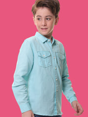 Boys Full Sleeves Linen Cotton Turquoise Shirt with Double Pocket Flaps – Perfect for All Summer Occasions