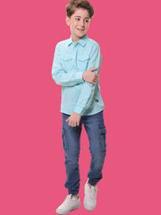 Boys Full Sleeves Linen Cotton Turquoise Shirt with Double Pocket Flaps – Perfect for All Summer Occasions