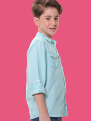 Boys Full Sleeves Linen Cotton Turquoise Shirt with Double Pocket Flaps – Perfect for All Summer Occasions