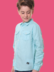 Boys Full Sleeves Linen Cotton Turquoise Shirt with Double Pocket Flaps – Perfect for All Summer Occasions