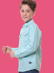 Boys Full Sleeves Linen Cotton Turquoise Shirt with Double Pocket Flaps – Perfect for All Summer Occasions