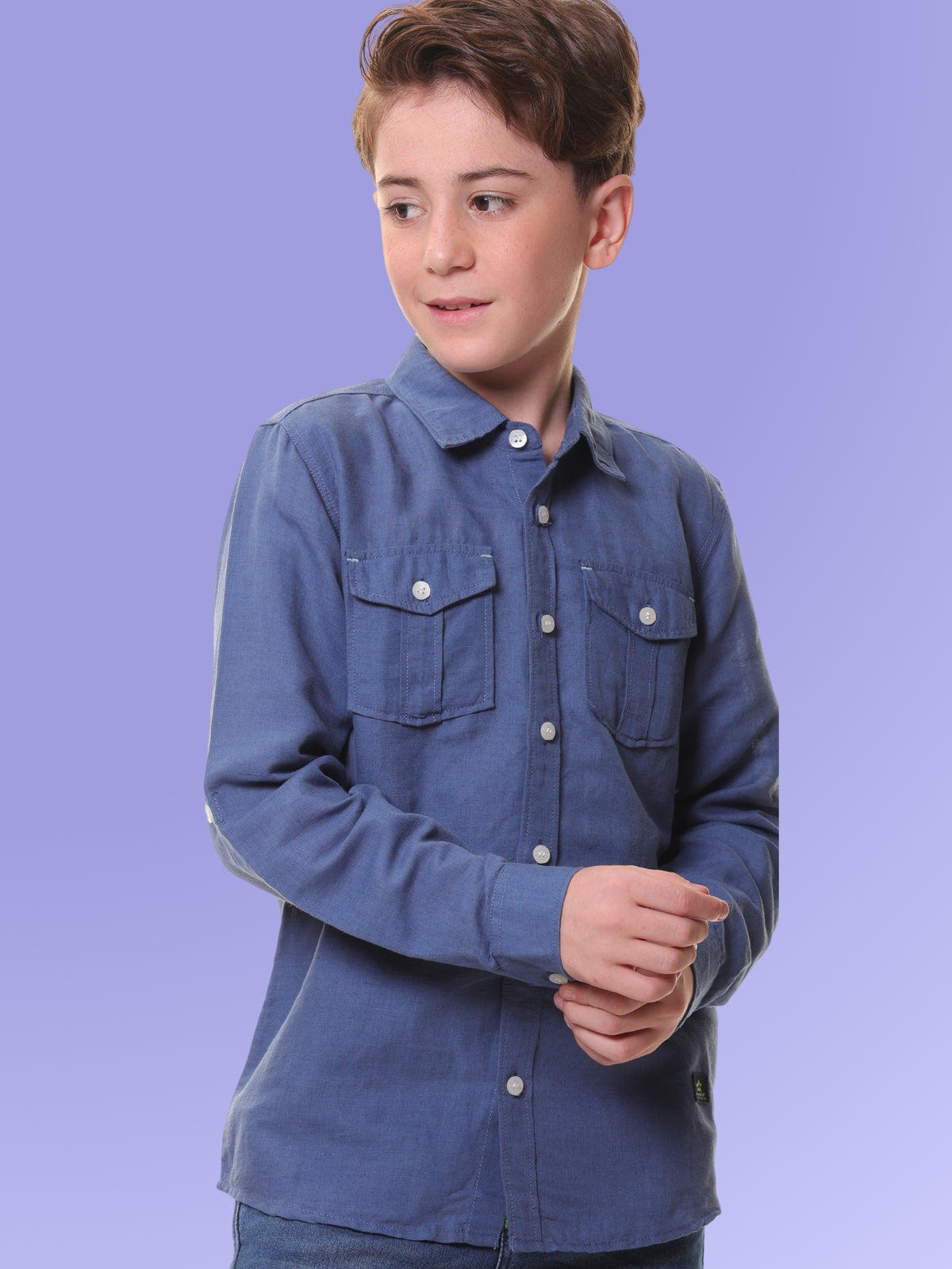 Boys Full Sleeves Linen Cotton Dark Navy Shirt with Double Pocket Flaps – Perfect for All Summer Occasions