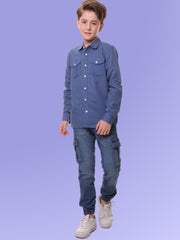 Boys Full Sleeves Linen Cotton Dark Navy Shirt with Double Pocket Flaps – Perfect for All Summer Occasions