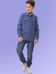 Boys Full Sleeves Linen Cotton Dark Navy Shirt with Double Pocket Flaps – Perfect for All Summer Occasions