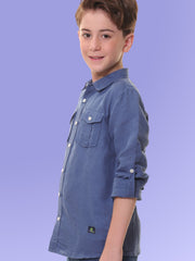 Boys Full Sleeves Linen Cotton Dark Navy Shirt with Double Pocket Flaps – Perfect for All Summer Occasions