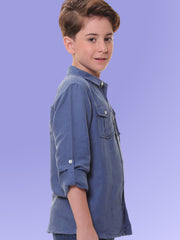 Boys Full Sleeves Linen Cotton Dark Navy Shirt with Double Pocket Flaps – Perfect for All Summer Occasions