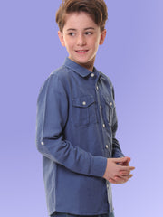 Boys Full Sleeves Linen Cotton Dark Navy Shirt with Double Pocket Flaps – Perfect for All Summer Occasions