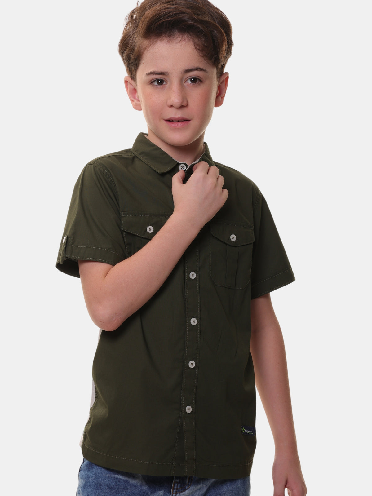 Boys’ 96% Cotton 4% Elastane (Spandex) Half Sleeves Green Solid Shirt with Box Pocket Flap and Sleeve Tabs – Perfect for Any Occasion