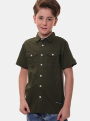 Boys’ 96% Cotton 4% Elastane (Spandex) Half Sleeves Green Solid Shirt with Box Pocket Flap and Sleeve Tabs – Perfect for Any Occasion