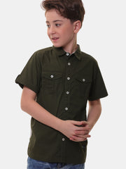 Boys’ 96% Cotton 4% Elastane (Spandex) Half Sleeves Green Solid Shirt with Box Pocket Flap and Sleeve Tabs – Perfect for Any Occasion