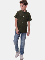 Boys’ 96% Cotton 4% Elastane (Spandex) Half Sleeves Green Solid Shirt with Box Pocket Flap and Sleeve Tabs – Perfect for Any Occasion