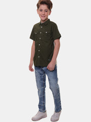 Boys’ 96% Cotton 4% Elastane (Spandex) Half Sleeves Green Solid Shirt with Box Pocket Flap and Sleeve Tabs – Perfect for Any Occasion