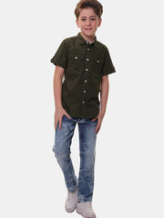 Boys’ 96% Cotton 4% Elastane (Spandex) Half Sleeves Green Solid Shirt with Box Pocket Flap and Sleeve Tabs – Perfect for Any Occasion