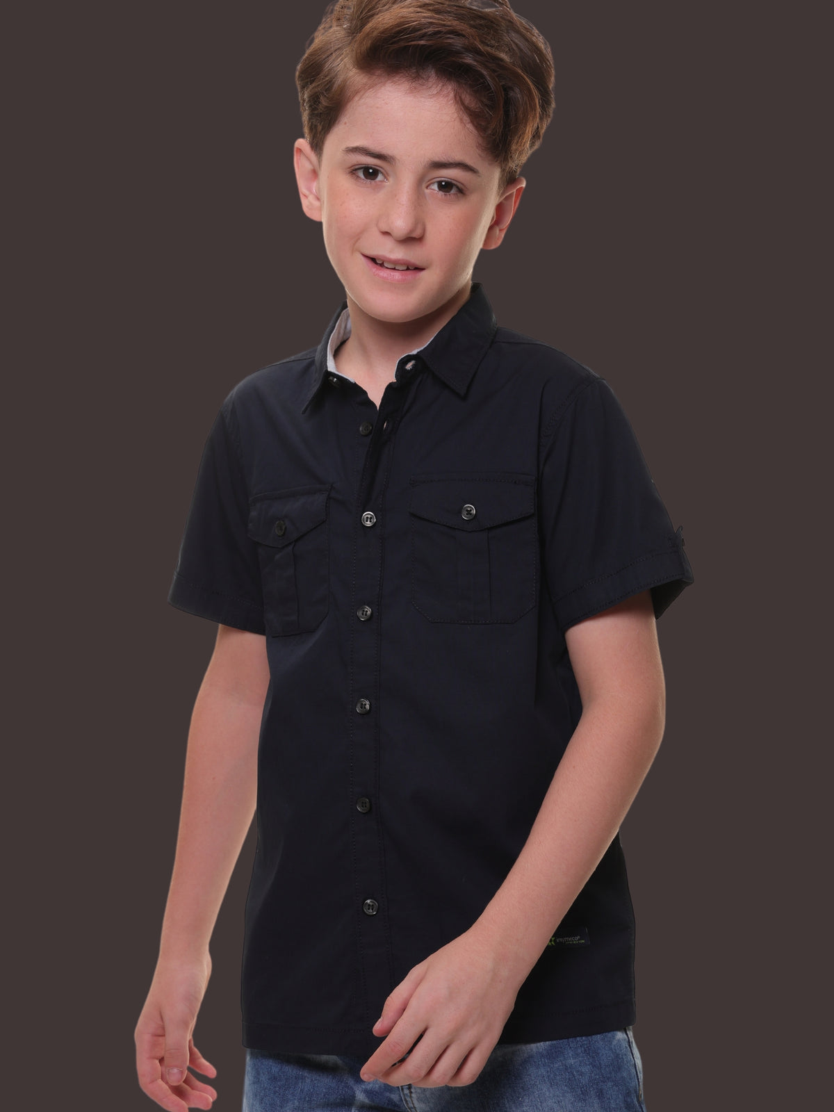 Boys’ 96% Cotton 4% Elastane (Spandex) Half Sleeves Navy Solid Shirt with Box Pocket Flap and Sleeve Tabs – Perfect for Any Occasion