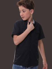 Boys’ 96% Cotton 4% Elastane (Spandex) Half Sleeves Navy Solid Shirt with Box Pocket Flap and Sleeve Tabs – Perfect for Any Occasion