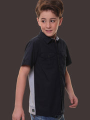 Boys’ 96% Cotton 4% Elastane (Spandex) Half Sleeves Navy Solid Shirt with Box Pocket Flap and Sleeve Tabs – Perfect for Any Occasion