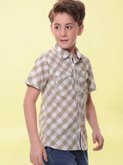 Boys’ 100% Cotton Half Sleeves Sea Green Check Shirt with Double Pocket Flap and Side Embroidery – Perfect for Casual Wear