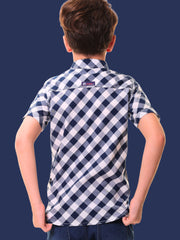 Boys’ 100% Cotton Half Sleeves Navy Blue Check Shirt with Double Pocket Flap and Side Embroidery – Perfect for Casual Wear