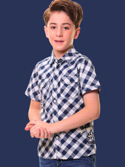 Boys’ 100% Cotton Half Sleeves Navy Blue Check Shirt with Double Pocket Flap and Side Embroidery – Perfect for Casual Wear