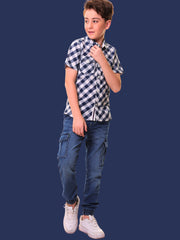 Boys’ 100% Cotton Half Sleeves Navy Blue Check Shirt with Double Pocket Flap and Side Embroidery – Perfect for Casual Wear