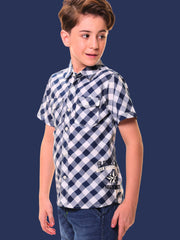 Boys’ 100% Cotton Half Sleeves Navy Blue Check Shirt with Double Pocket Flap and Side Embroidery – Perfect for Casual Wear