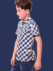 Boys’ 100% Cotton Half Sleeves Navy Blue Check Shirt with Double Pocket Flap and Side Embroidery – Perfect for Casual Wear