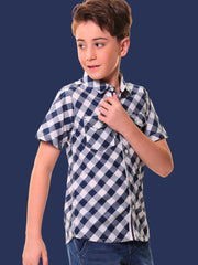 Boys’ 100% Cotton Half Sleeves Navy Blue Check Shirt with Double Pocket Flap and Side Embroidery – Perfect for Casual Wear