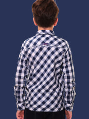 Boys’ 100% Cotton Full Sleeves Navy Blue Check Shirt with Double Pocket Flap and Side Embroidery – Perfect for Casual Wear