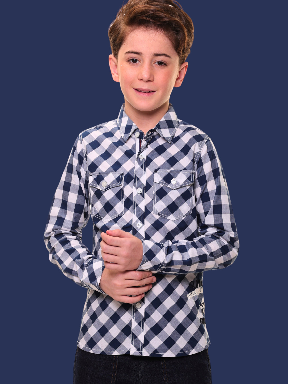 Boys’ 100% Cotton Full Sleeves Navy Blue Check Shirt with Double Pocket Flap and Side Embroidery – Perfect for Casual Wear