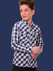 Boys’ 100% Cotton Full Sleeves Navy Blue Check Shirt with Double Pocket Flap and Side Embroidery – Perfect for Casual Wear