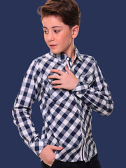 Boys’ 100% Cotton Full Sleeves Navy Blue Check Shirt with Double Pocket Flap and Side Embroidery – Perfect for Casual Wear