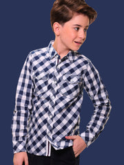 Boys’ 100% Cotton Full Sleeves Navy Blue Check Shirt with Double Pocket Flap and Side Embroidery – Perfect for Casual Wear