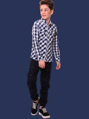 Boys’ 100% Cotton Full Sleeves Navy Blue Check Shirt with Double Pocket Flap and Side Embroidery – Perfect for Casual Wear