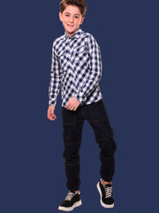 Boys’ 100% Cotton Full Sleeves Navy Blue Check Shirt with Double Pocket Flap and Side Embroidery – Perfect for Casual Wear