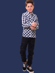 Boys’ 100% Cotton Full Sleeves Navy Blue Check Shirt with Double Pocket Flap and Side Embroidery – Perfect for Casual Wear