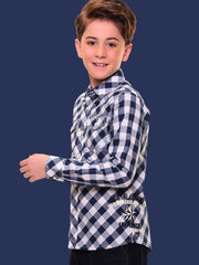 Boys’ 100% Cotton Full Sleeves Navy Blue Check Shirt with Double Pocket Flap and Side Embroidery – Perfect for Casual Wear