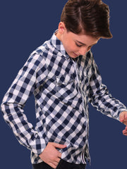 Boys’ 100% Cotton Full Sleeves Navy Blue Check Shirt with Double Pocket Flap and Side Embroidery – Perfect for Casual Wear