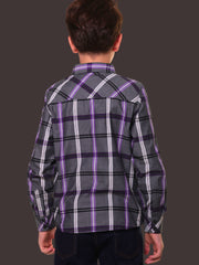 Boys’ 100% Fine Cotton Full Sleeves Grey Purple Check Shirt with Double Pocket Flap and Sleeve Tabs – Perfect for Any Occasion