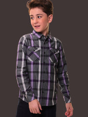 Boys’ 100% Fine Cotton Full Sleeves Grey Purple Check Shirt with Double Pocket Flap and Sleeve Tabs – Perfect for Any Occasion