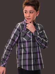 Boys’ 100% Fine Cotton Full Sleeves Grey Purple Check Shirt with Double Pocket Flap and Sleeve Tabs – Perfect for Any Occasion