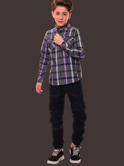 Boys’ 100% Fine Cotton Full Sleeves Grey Purple Check Shirt with Double Pocket Flap and Sleeve Tabs – Perfect for Any Occasion